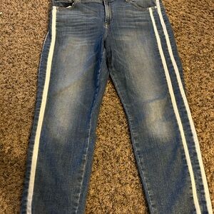 7 For All Mankind Blue Skinny Ankle Jeans with Gold Stitching